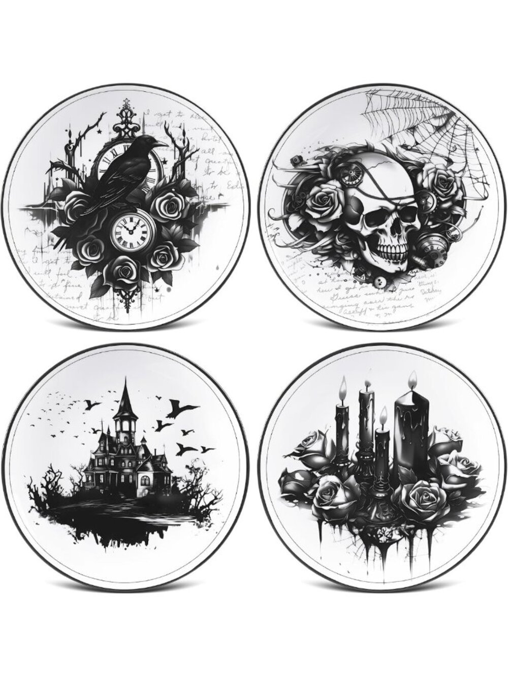 Gothic Halloween Dinnerware Set - 4 Pcs 9in Ceramic Plates for Spooky Parties